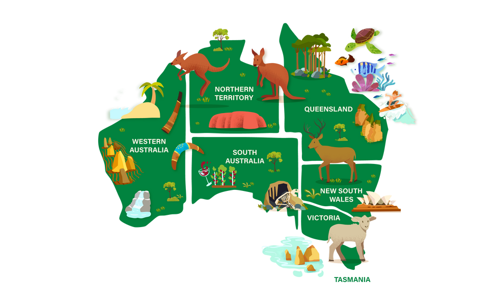 Illustrated map of Australia highlighting each state and territory with iconic animals, landmarks, and cultural symbols.