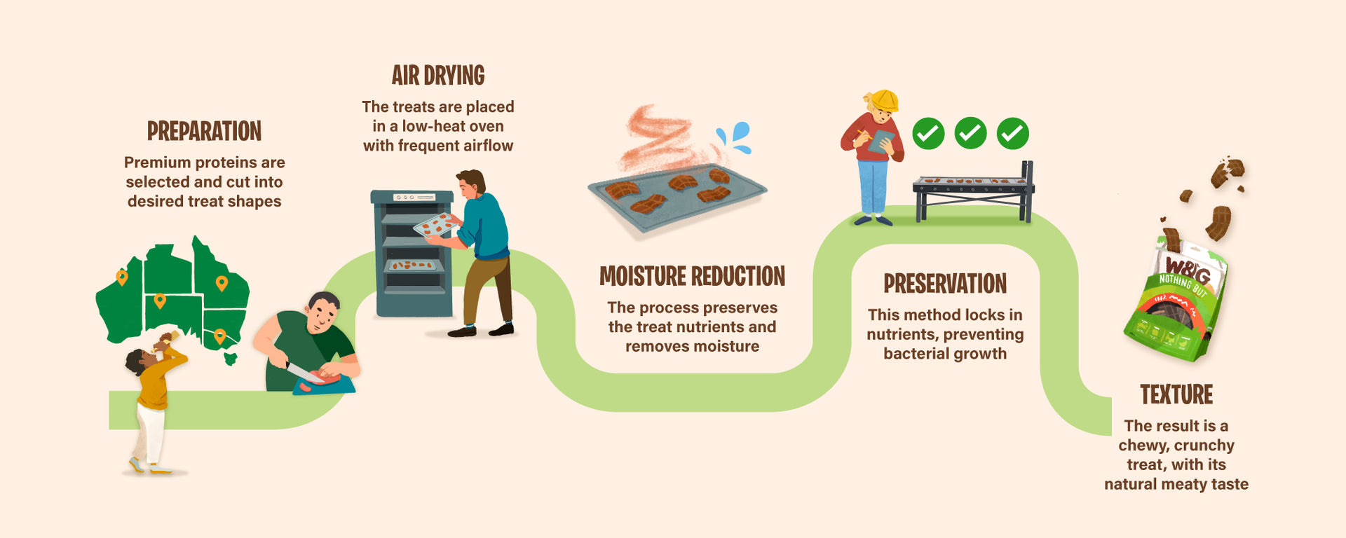 Infographic illustrating the air-dried dog treat process: starting with preparation of premium proteins, followed by low-heat air drying, moisture reduction to preserve nutrients, natural preservation to prevent bacteria, and ending with a chewy, meaty-textured treat.